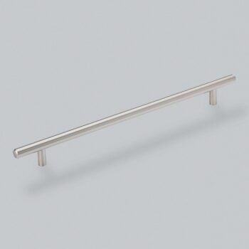 Stainless steel kitchen cabinet handle on white background.