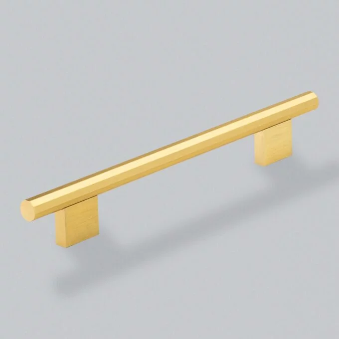 Dixton Bar Handle 160mm - Brushed Satin Brass Gold cabinet handle on gray background.