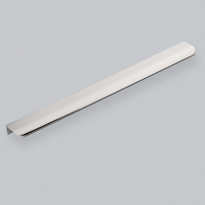 Sleek modern chrome cabinet handle on light grey background.