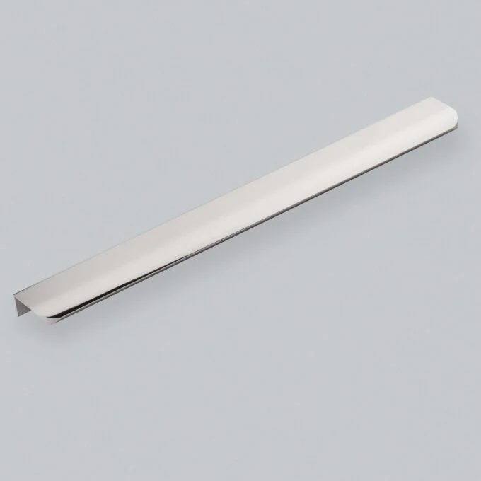 Sleek modern chrome cabinet handle on light grey background.