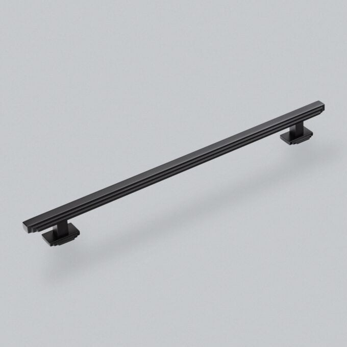 Black modern cabinet handle on white background