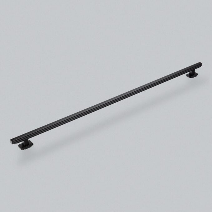 Black metal drawer handle on white background