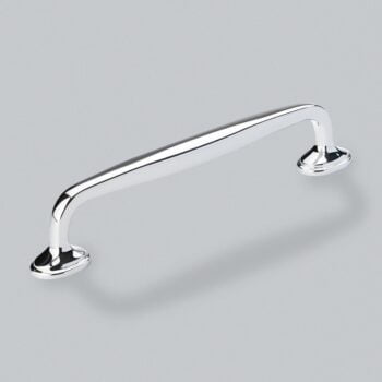 Polished chrome safety grab rail on grey background.