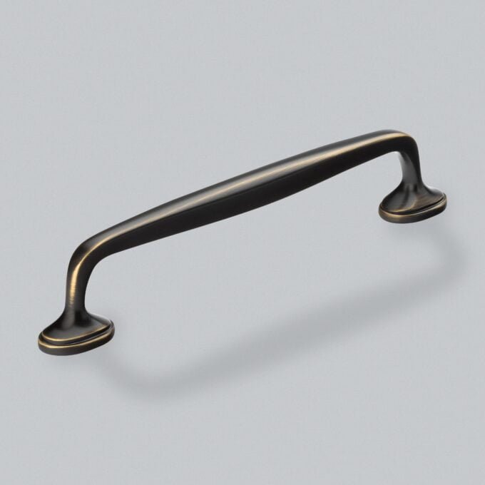 Black metal cabinet handle on a grey background.