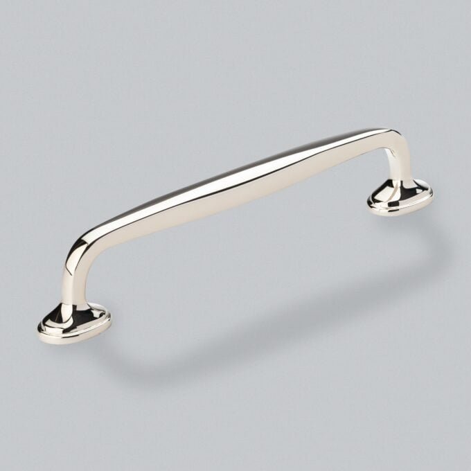 Polished chrome handle on grey background.