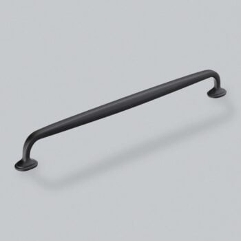 Black modern cabinet handle on white background.