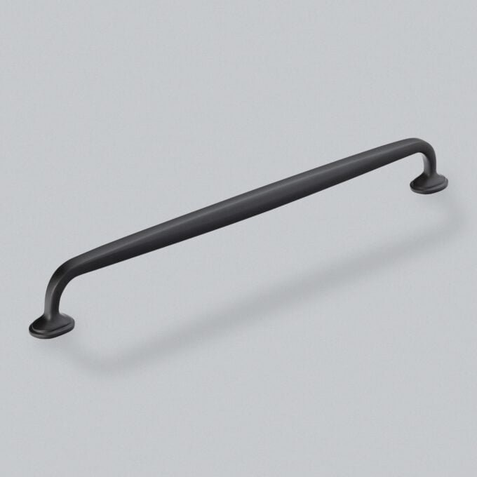 Black modern cabinet handle on white background.