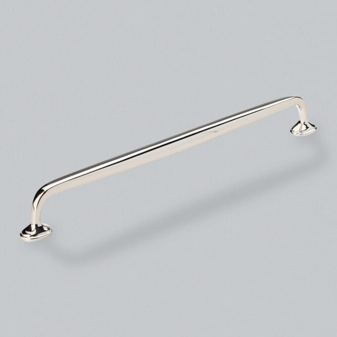 Polished chrome bathroom safety grab bar.