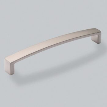 Sleek stainless steel cabinet handle on grey background.