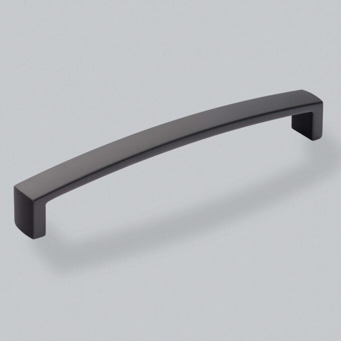 Black minimalist cabinet handle on a grey background.