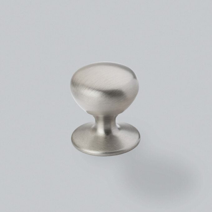 Stainless steel cabinet knob on white background.