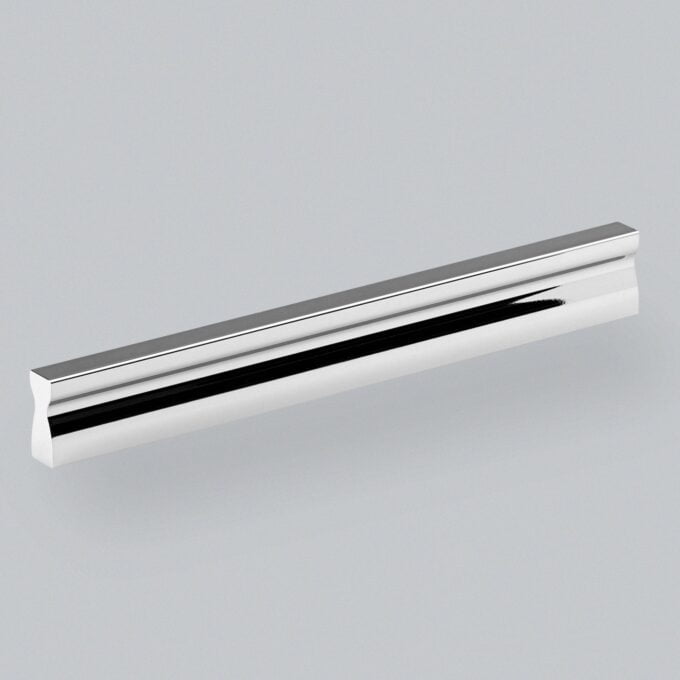 Polished chrome cabinet handle on grey background.