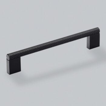 Textured black cabinet handle on grey background.