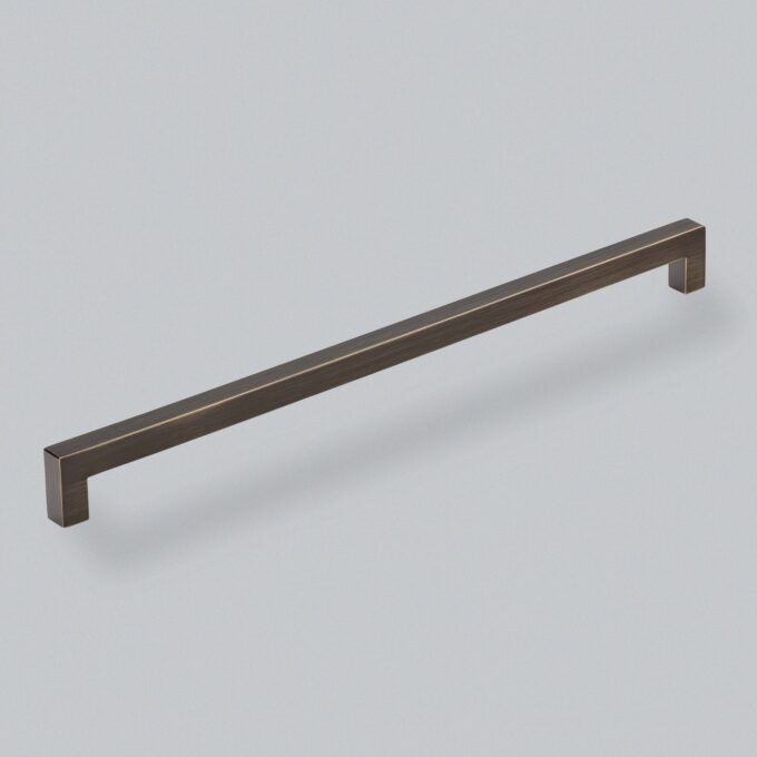 Dark brown minimalist cabinet handle on white background.