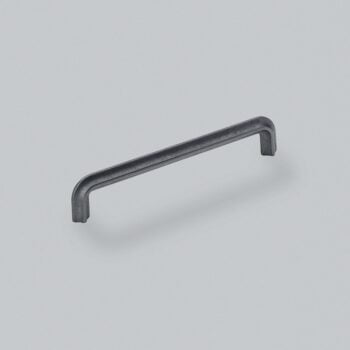 Black metal cabinet handle on white background.