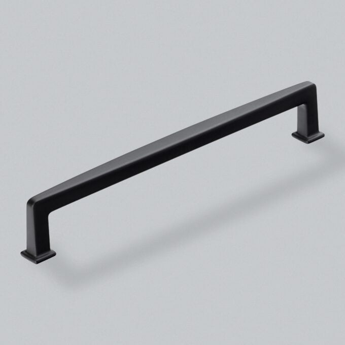 Black metal cabinet handle on white background.