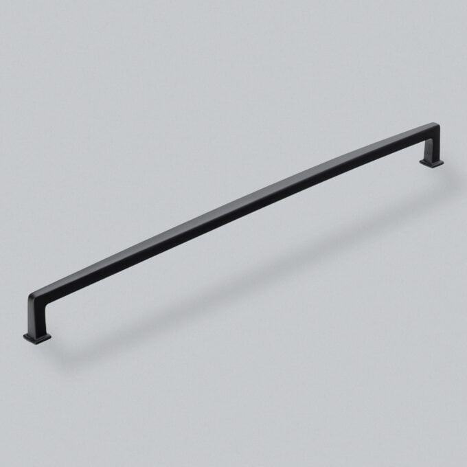 Black modern cabinet handle on grey background.