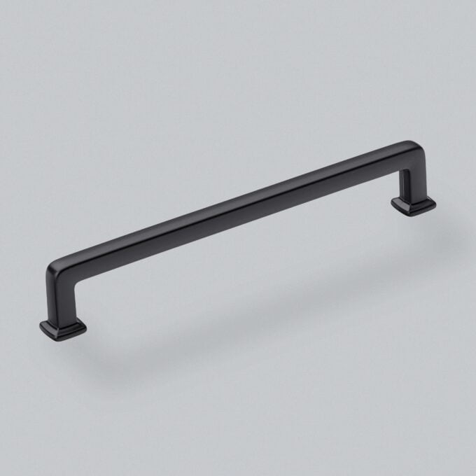 Black modern cabinet handle on a white background