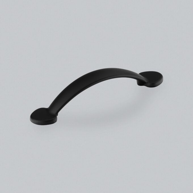 Black cabinet handle on grey background.