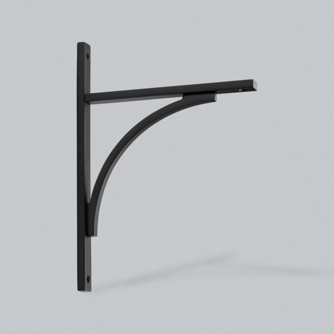 Modern black wall-mounted shelf bracket design.