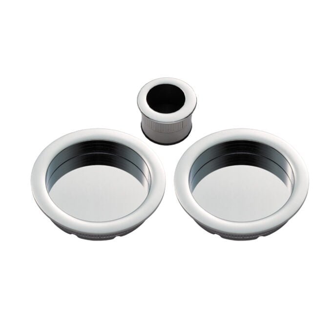 White circular plumbing fixtures on white background.