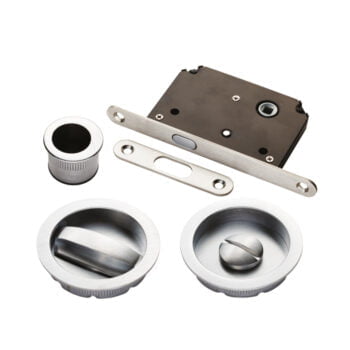 Assorted stainless steel door hardware components on white.