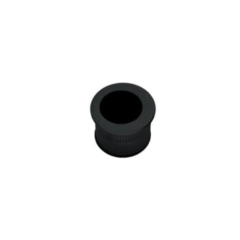 Black plastic round object with textured sides.