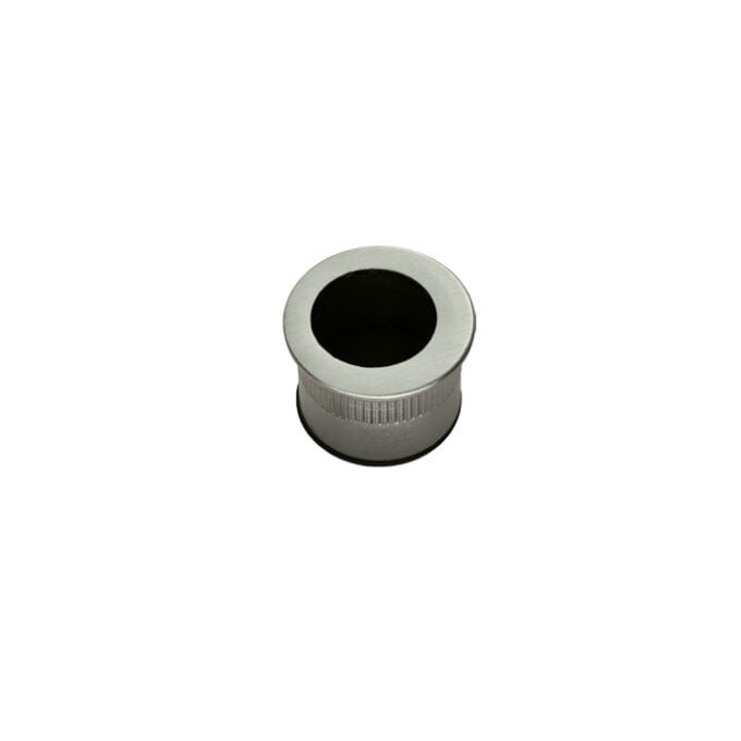 Silver metal industrial pipe cap on white background