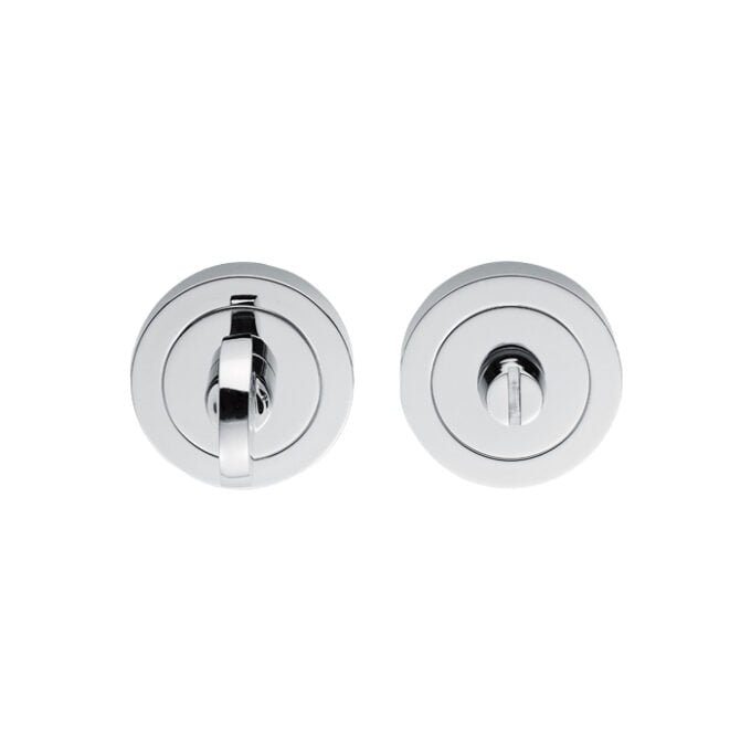 Chrome bathroom lock and knob set on white background