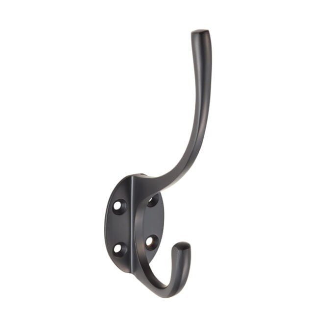 Black metal wall hook isolated on white background.