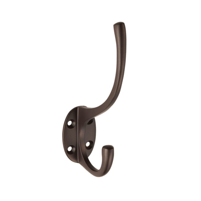 Bronze wall-mounted coat hook on white background.