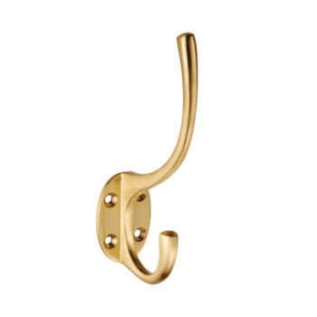 Gold double-hook wall mount for coats and hats.