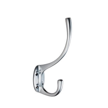 Chrome wall hook on white background.