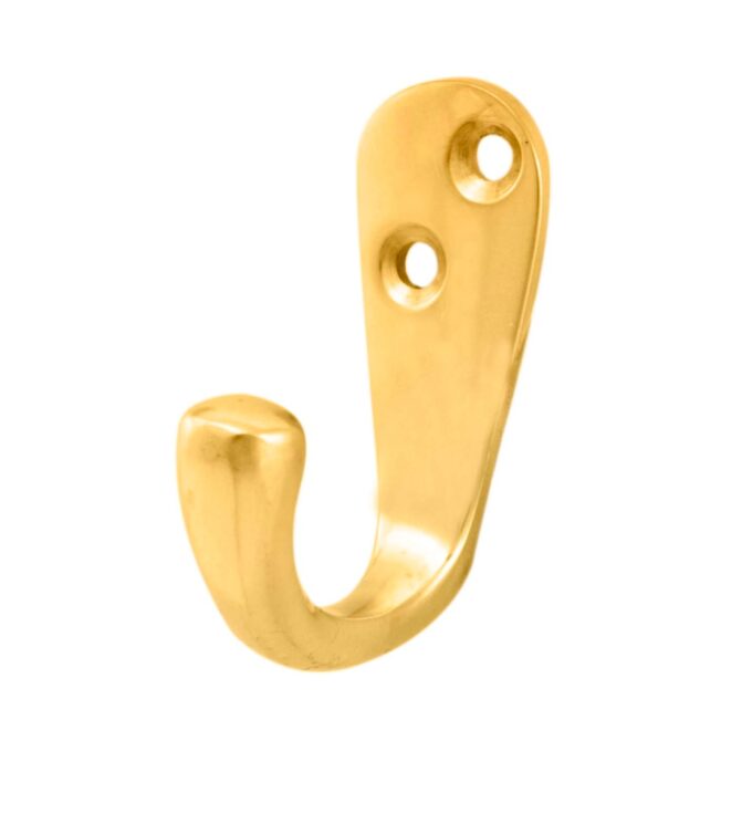 Golden wall-mounted coat hook, isolated on white background