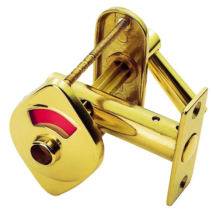 Gold rim lock with screws and red indicator.