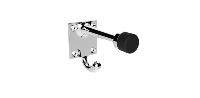 Chrome wall-mounted hook with black end detail.