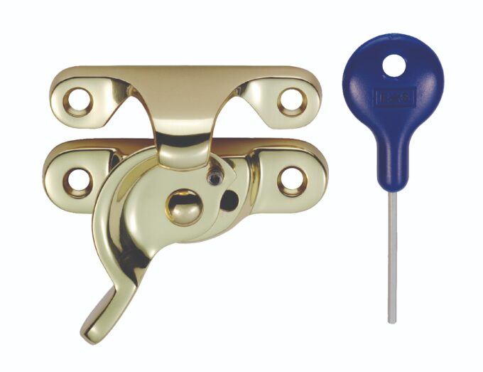 Gold-coloured can opener and blue handle key.