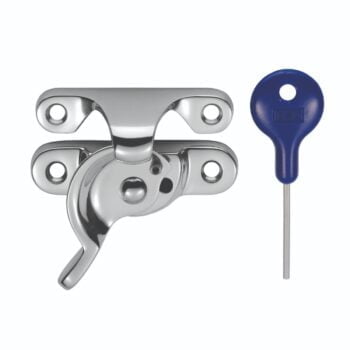 Stainless steel can opener with blue handle key.