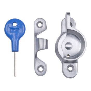 Blue key-shaped tool and metal pulley components.