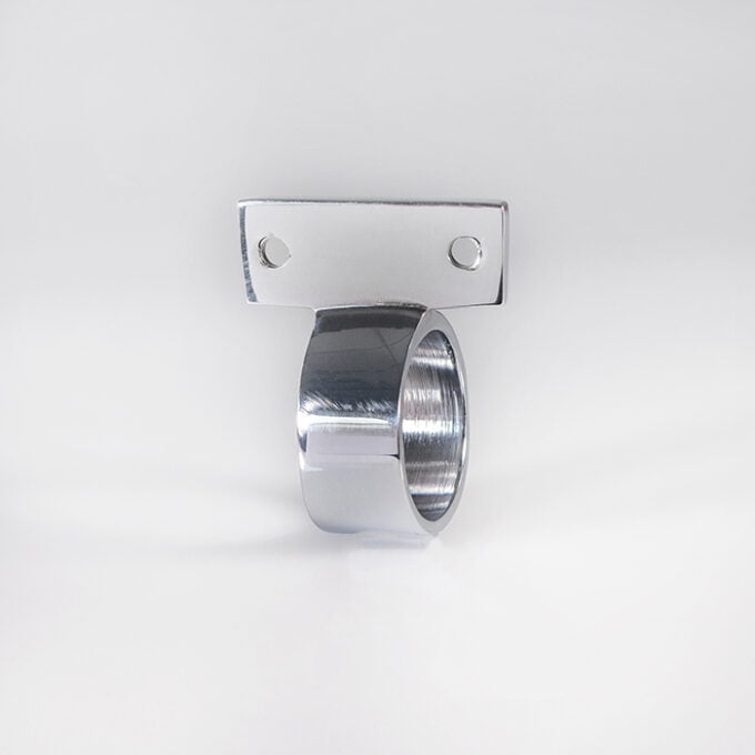 Silver metal pipe clamp on white background.