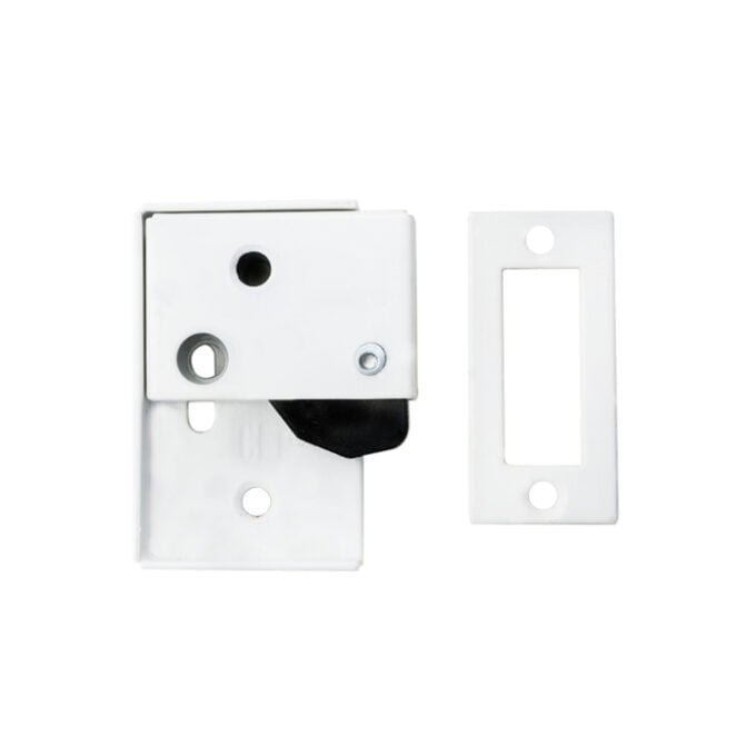 White door latch with separate strike plate isolated.