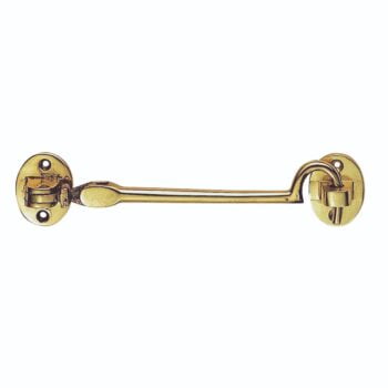 Brass cabin hook latch on white background.