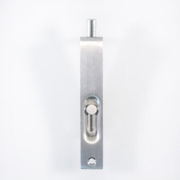 Stainless steel sliding door lock on white background