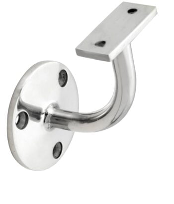 Chrome wall-mounted handrail bracket with circular base.