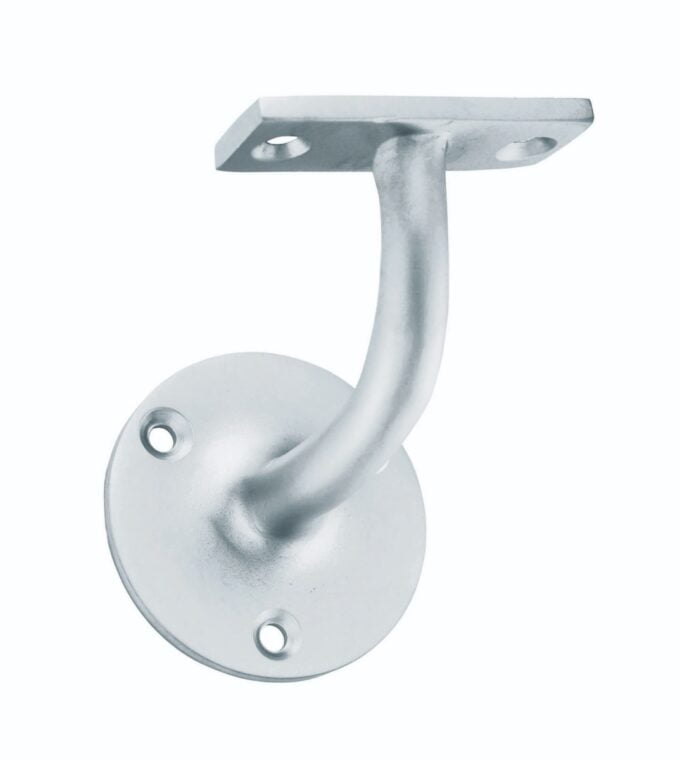 Silver wall-mounted metal hook, industrial design.