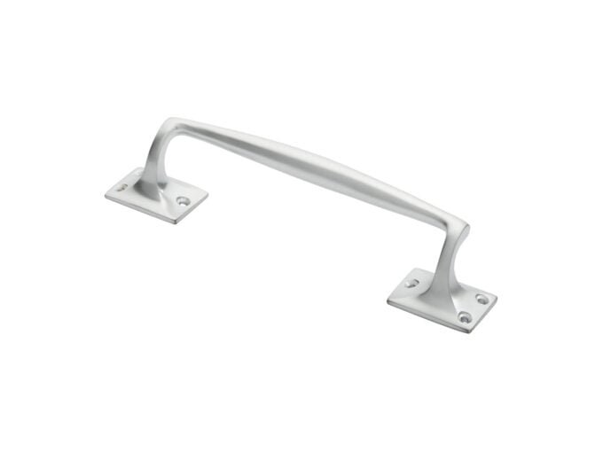 Silver metal handle with mounting plates isolated on white.