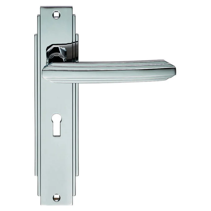 Chrome door handle with keyhole on slim backplate.