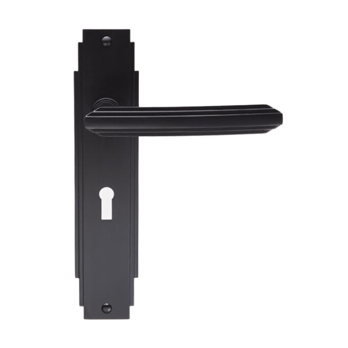 Black modern door handle with keyhole on white background.