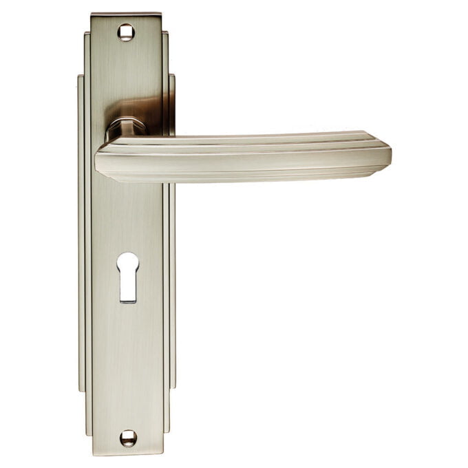 Brushed nickel door handle with lock plate