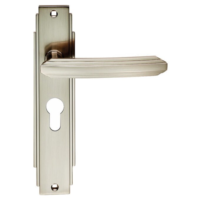 Satin nickel lever door handle with lock.